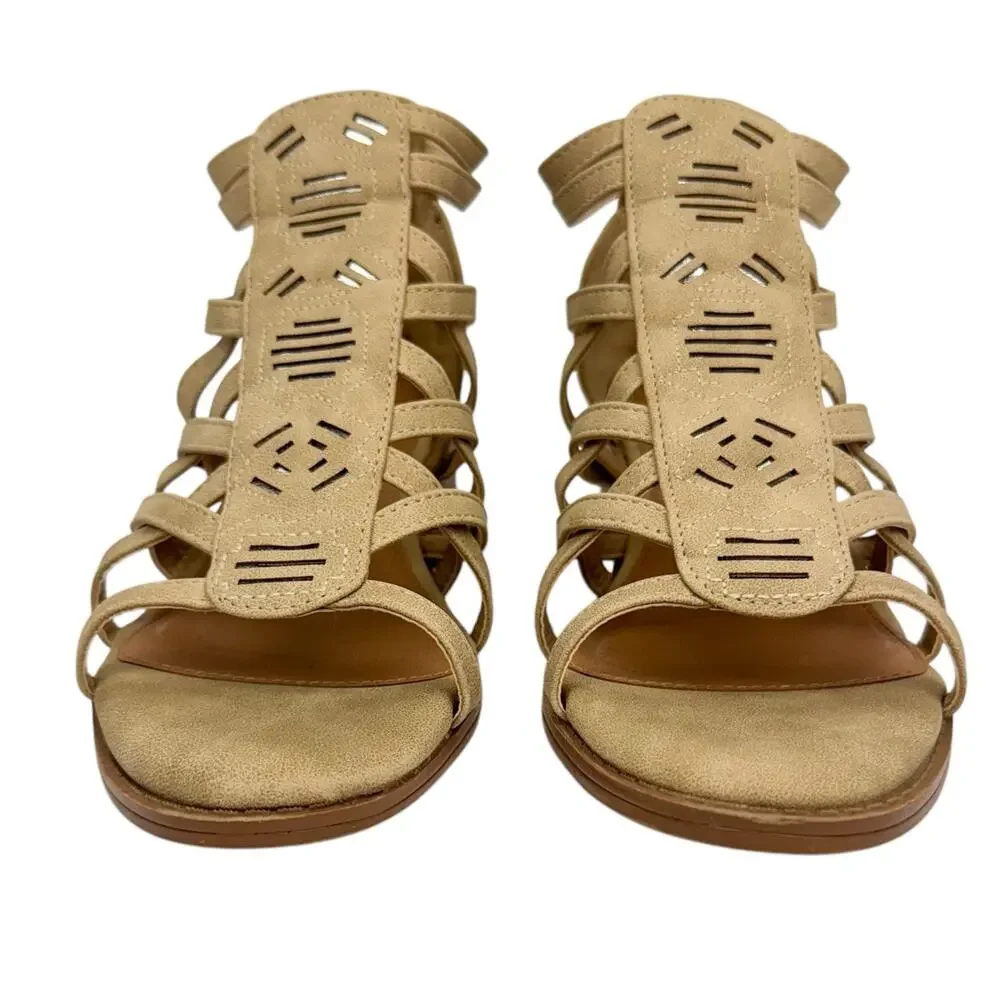 Justice Tan Western Faux Leather Metallic Strappy Block Low Heel Sandals 8 Girls